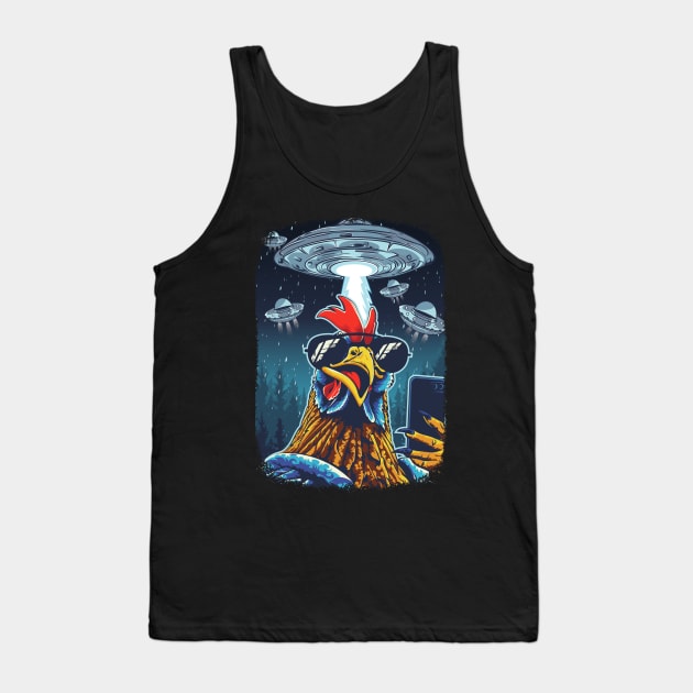 Rooster UFO Funny Chicken Meme Invasion Retro Alien Tank Top by PunnyPoyoShop